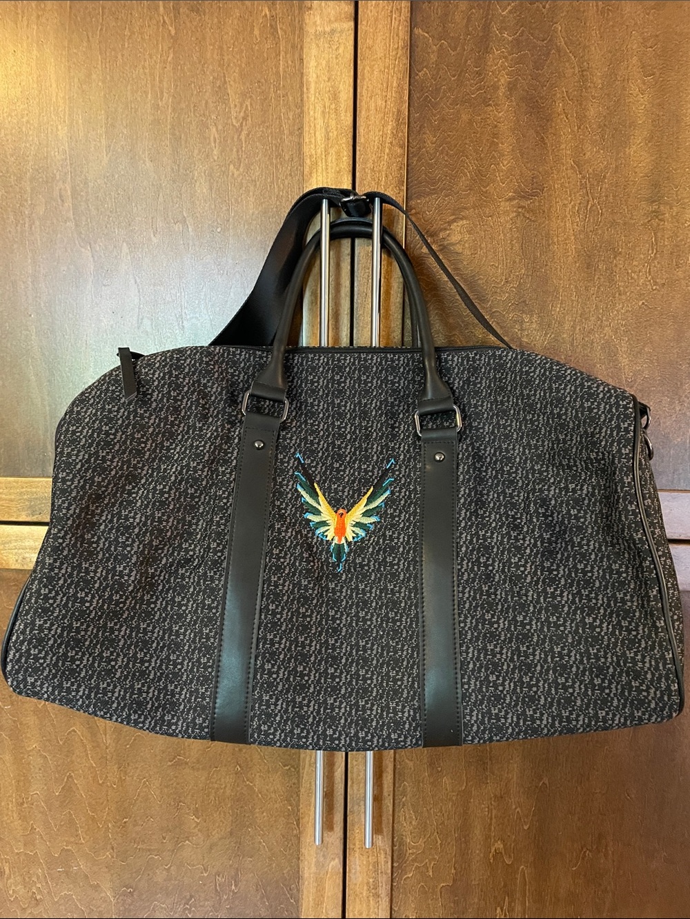 Black Tweed Duffel Bag with Colorful Embroidered Accent